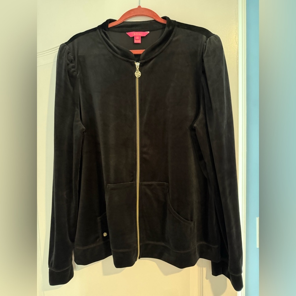 Lilly Pulitzer Evanna Black Velour Full Zip Jacket EUC XXL